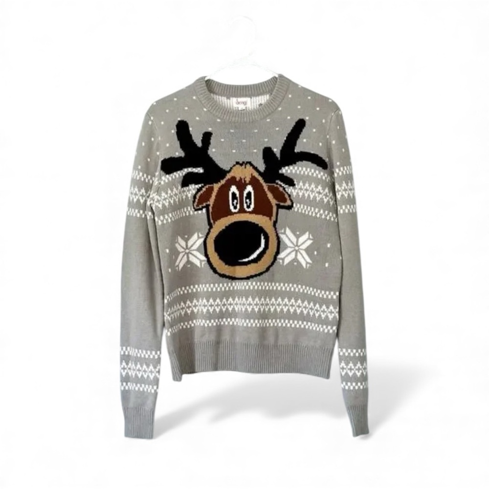 OMG Creations Reindeer Christmas Sweater Gray Snowflake – Size L – EUC